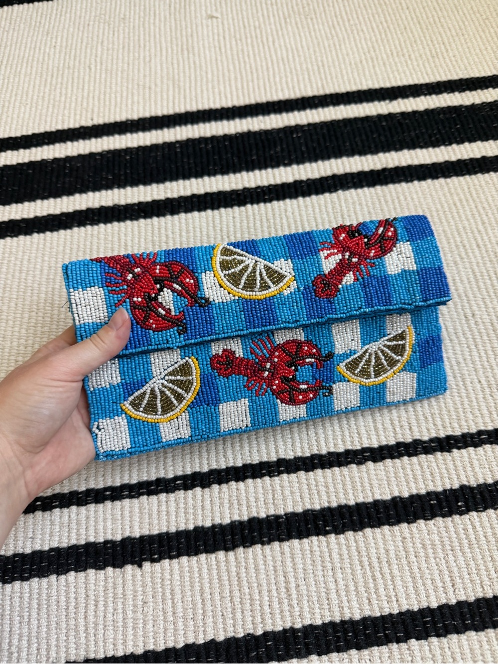 Beaded Clutch Lobster Lemon Blue Picnic Pattern